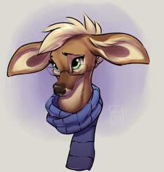 Size: 1216x1280 | Tagged: safe, artist:reign-2004, oc, oc only, cervid, deer, mammal, ambiguous form, 2017, abstract background, blonde hair, brown body, brown fur, bust, clothes, female, fur, glasses, green eyes, hair, multicolored fur, portrait, scarf, solo, solo female