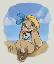 Size: 688x815 | Tagged: suggestive, artist:reign-2004, oc, oc only, oc:astri (reign-2004), hare, lagomorph, mammal, anthro, digitigrade anthro, 2017, beach, bedroom eyes, big ears, bikini, blonde hair, blue eyes, bottomless, bow, breasts, brown body, brown fur, clothes, ears, eyebrow through hair, eyebrows, fur, hair, multicolored fur, nudity, partial nudity, sitting, smiling, swimsuit, tan body, tan fur