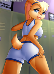 Size: 1167x1600 | Tagged: safe, alternate version, artist:twistedscarlett60, lola bunny (looney tunes), lagomorph, mammal, rabbit, anthro, looney tunes, space jam, warner brothers, blue eyes, blurred background, breasts, butt, clothes, crop top, detailed background, digital art, ears, eyelashes, female, fur, hair, headband, indoors, locker room, looking at you, open mouth, rear view, solo, solo female, tail, thighs, topwear, wide hips