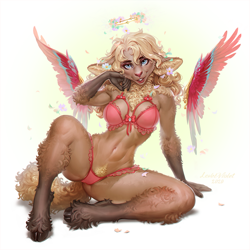 Size: 1000x1000 | Tagged: suggestive, artist:levelviolet, angel, bovid, caprine, fictional species, mammal, sheep, anthro, unguligrade anthro, blue eyes, bra, brown body, brown fur, clothes, cloven hooves, ear fluff, female, fluff, fur, halo, hooves, lingerie, looking at you, panties, pubic fluff, solo, solo female, tail, underwear, wings