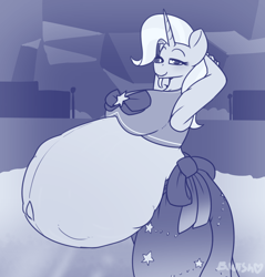 Size: 1142x1196 | Tagged: suggestive, artist:askbumpywish, trixie (mlp), equine, fictional species, mammal, pony, unicorn, anthro, friendship is magic, hasbro, my little pony, anthrofied, areola, armpits, arms behind back, arms behind head, beach, bedroom eyes, belly, belly button, big breasts, breasts, clothes, digital art, ears, eyelashes, female, fur, hair, horn, hyper, hyper belly, hyper pregnancy, looking at you, monochrome, pregnant, side view, smiling, solo, solo female, standing, swimsuit, tail, water