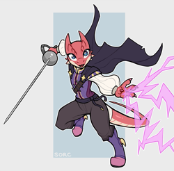 Size: 967x952 | Tagged: safe, artist:sorc, oc, oc only, oc:vahruunir, fictional species, kobold, reptile, anthro, plantigrade anthro, boots, cape, clothes, female, magic, rapier, shoes, simple background, solo, solo female, sword, weapon