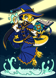 Size: 726x1015 | Tagged: safe, artist:sorc, fictional species, kobold, reptile, anthro, plantigrade anthro, book, cape, clothes, female, hat, levitation, looking at you, magic, robe, solo, solo female