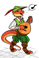 Size: 733x1107 | Tagged: safe, artist:sorc, oc, oc only, oc:sisu, fictional species, kobold, reptile, anthro, digitigrade anthro, bard, boots, clothes, feather, hat, looking back, lute, musical note, shoes, singing, solo, topwear, vest
