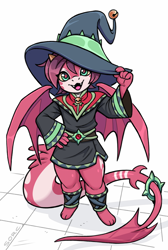 Size: 732x1088 | Tagged: safe, artist:sorc, dragon, fictional species, anthro, plantigrade anthro, clothes, hat, jewelry, jingle bells, looking at you, solo, tail, tail jewelry, tunic, wizard, wizard hat