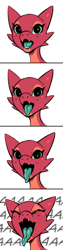 Size: 426x1681 | Tagged: safe, artist:sorc, fictional species, kobold, reptile, anthro, digitigrade anthro, 4koma, bust, colored tongue, comic, female, green tongue, long tongue, mawshot, open mouth, simple background, solo, solo female, tongue, tongue out, white background