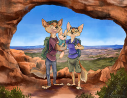 Size: 1280x989 | Tagged: safe, artist:spain fischer, canine, coyote, mammal, anthro, plantigrade anthro, baby, backpack, bottomwear, clothes, family, family photo, father, father and child, female, group, hat, male, mother, mother and child, shirt, shorts, topwear, trio, young