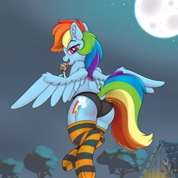 Size: 4000x4000 | Tagged: suggestive, artist:yelowcrom, rainbow dash (mlp), equine, fictional species, mammal, pegasus, pony, feral, semi-anthro, friendship is magic, hasbro, my little pony, absurd resolution, butt, clothes, dock, female, hooves, legwear, licking, lidded eyes, lollipop, looking at you, looking back, moon, panties, purple eyes, solo, solo female, spread wings, striped clothes, striped legwear, tail, thigh highs, tongue, tongue out, underhoof, underwear, wings