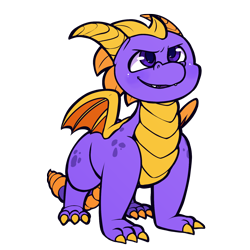 Size: 1500x1500 | Tagged: safe, artist:unclecucky, spyro the dragon (spyro), dragon, fictional species, western dragon, feral, spyro the dragon (series), claws, commission, fangs, looking up, male, sharp teeth, simple background, smiling, solo, solo male, spots, spread wings, tail, teeth, transparent background, wings
