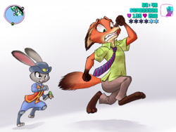 Size: 1600x1200 | Tagged: safe, artist:chochi, judy hopps (zootopia), nick wilde (zootopia), canine, fox, lagomorph, mammal, rabbit, red fox, anthro, disney, grand theft auto, rockstar games, zootopia, barefoot, bottomwear, brown body, brown fur, clothes, cream body, cream fur, crossover, duo, female, fur, gray body, gray fur, gritted teeth, hand hold, hat, holding, hud, long ears, male, multicolored fur, necktie, pants, paws, police uniform, running, shirt, teeth, topwear