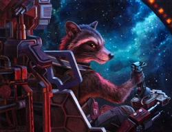 Size: 1280x983 | Tagged: safe, artist:kenket, rocket raccoon (marvel), mammal, procyonid, raccoon, anthro, guardians of the galaxy, marvel, marvel cinematic universe, brown body, brown fur, fur, looking at you, looking back, looking back at you, male, pilot, smiling, smiling at you, solo, solo male, space, spaceship, traditional art, vehicle