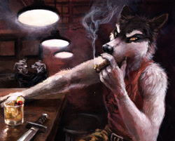 Size: 947x761 | Tagged: safe, artist:kenket, doggo (undertale), canine, dog, mammal, anthro, undertale, bar, black body, black fur, clothes, couple, drink, female, fluff, fur, looking at you, male, male focus, multicolored fur, smoking, solo focus, tank top, topwear, traditional art, two toned body, two toned fur, weapon, white body, white fur