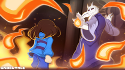 Size: 1600x901 | Tagged: safe, artist:scappo, frisk (undertale), toriel (undertale), bovid, goat, human, mammal, anthro, undertale, ambiguous gender, clothes, duo, female, fire, looking at each other