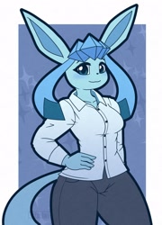 Size: 1784x2476 | Tagged: safe, artist:puetsua, eeveelution, fictional species, glaceon, mammal, anthro, nintendo, pokémon, 2020, abstract background, blue body, blue eyes, bottomwear, clothes, female, hand on hip, looking at you, pants, shirt, smiling, smiling at you, solo, solo female, topwear