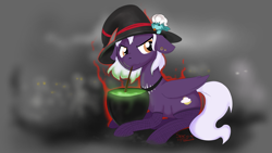 Size: 1920x1080 | Tagged: safe, artist:soccy, fleetfoot (mlp), oc, oc:nighty cloud, equine, fictional species, ghost, ghost pony, mammal, pegasus, pony, undead, feral, friendship is magic, hasbro, my little pony, 16:9, cauldron, clothes, cutie mark, evil aura, halloween, hat, holding, holiday, lying down, mouth hold, plushie, potion, silhouette, silhouettes, wallpaper, witch hat