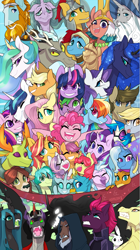 Size: 847x1514 | Tagged: safe, artist:inspectorvalvert, adagio dazzle (mlp), angel bunny (mlp), apple bloom (mlp), applejack (mlp), derpy hooves (mlp), discord (mlp), flash magnus (mlp), fluttershy (mlp), gallus (mlp), king sombra (mlp), lord tirek (mlp), meadowbrook (mlp), mistmane (mlp), ocellus (mlp), pinkie pie (mlp), pony of shadows (mlp), princess cadence (mlp), princess celestia (mlp), princess flurry heart (mlp), princess luna (mlp), queen chrysalis (mlp), rainbow dash (mlp), rarity (mlp), rockhoof (mlp), sandbar (mlp), scootaloo (mlp), shining armor (mlp), silverstream (mlp), smolder (mlp), somnambula (mlp), spike (mlp), starlight glimmer (mlp), starswirl the bearded (mlp), sunset shimmer (mlp), sweetie belle (mlp), tempest shadow (mlp), thorax (mlp), time turner (mlp), trixie (mlp), twilight sparkle (mlp), vinyl scratch (mlp), yona (mlp), alicorn, arthropod, bird, centaur, changedling, changeling, changeling queen, draconequus, dragon, earth pony, equine, feline, fictional species, fish, gryphon, hippocampus, hippogriff, lagomorph, mammal, pegasus, pony, rabbit, siren (mlp), unicorn, western dragon, yak, feral, humanoid, semi-anthro, taur, friendship is magic, hasbro, my little pony, my little pony: the movie, angry, anniversary, aunt, aunt and niece, beak, broken horn, brother, brother and sister, clothes, colored pupils, colored sclera, cowboy hat, crown, curved horn, cutie mark crusaders (mlp), dark, daughter, dragoness, egyptian pony, everypony, eyes closed, fangs, father, female, fins, glasses, glowing, glowing eyes, gritted teeth, group, happy, hat, hero, horn, husband, husband and wife, jewelry, large group, male, mane seven (mlp), mane six (mlp), mare, mother, mother and child, mother and daughter, mother and father, mother and son, niece, nose piercing, nose ring, one eye closed, open beak, open mouth, open smile, parents, piercing, pillars of equestria (mlp), regalia, royal family, royal sisters (mlp), scales, scepter, sharp teeth, siblings, sister, sisters, sisters-in-law, slit pupils, smiling, son, stallion, student six (mlp), tail, teeth, tongue, tongue out, umbrum, wall of tags, wife, wings