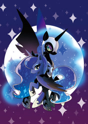 Size: 504x713 | Tagged: safe, artist:a-nup, nightmare moon (mlp), princess luna (mlp), alicorn, equine, fictional species, mammal, pony, feral, friendship is magic, hasbro, my little pony, cute, duality, female, full moon, mare, moon, profile, side view, spread wings, wings