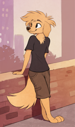 Size: 508x864 | Tagged: safe, artist:aseethe, oc, oc only, oc:jacato, canine, dog, labrador, mammal, anthro, digitigrade anthro, barefoot, black eyes, bottomwear, brick wall, building, clothes, elbow fluff, fluff, fur, leaning, leaning against something, leaning back, male, neck fluff, paws, retriever, shirt, shorts, signature, skyscraper, solo, solo male, tan body, tan fur, topwear, tree