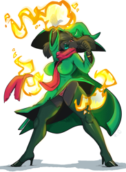 Size: 1461x1998 | Tagged: suggestive, artist:karakylia, ralsei (deltarune), bovid, goat, mammal, anthro, cc by-nc-nd, creative commons, deltarune, black body, black fur, breasts, clothes, female, fire, fur, hair, hair over one eye, hat, high heels, legwear, magic, nipple outline, open mouth, panties, rule 63, scarf, shoes, simple background, solo, solo female, thigh highs, underwear, white background