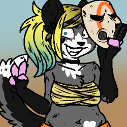 Size: 350x350 | Tagged: safe, artist:/d/non, furbooru exclusive, oc, oc only, oc:possumpuppy (dnon), canine, dog, hybrid, mammal, marsupial, possum, anthro, 1:1, bandages, belly button, blonde hair, borderlands, chest fluff, clothes, collar, cosplay, costume, ear fluff, female, fluff, fur, gesture, gradient background, gray body, gray fur, hair, halloween, halloween costume, heterochromia, holiday, low res, mask, paws, peace sign, psycho (borderlands), shoulder fluff, smiling, solo, solo female, tail, tube top, wide eyes, wig