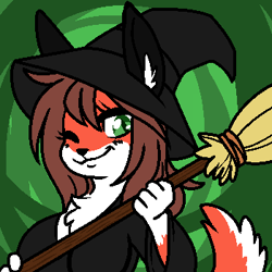 Size: 350x350 | Tagged: safe, artist:/d/non, furbooru exclusive, oc, oc only, oc:lia (tacodeltaco), canine, dog, fox, hybrid, mammal, anthro, 1:1, abstract background, broom, brown hair, chest fluff, clothes, costume, ear fluff, female, fluff, fur, green background, green eyes, hair, halloween, halloween costume, hat, holiday, looking at you, low res, orange body, orange fur, paws, simple background, solo, solo female, tail, vixen, white body, white fur, witch, witch costume, witch hat