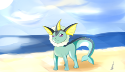 Size: 2796x1624 | Tagged: safe, alternate version, artist:almaustral, eeveelution, fictional species, mammal, vaporeon, feral, nintendo, pokémon, 2017, ambiguous gender, beach, cloud, colored, outdoors, signature, simple background, solo, solo ambiguous, tail, water, white background