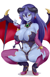 Size: 1300x2000 | Tagged: suggestive, alternate version, artist:sana!rpg, demon, fictional species, succubus, anthro, 2019, bat wings, clothes, female, horns, simple background, solo, solo female, spread wings, squatting, tail, webbed wings, white background, wings
