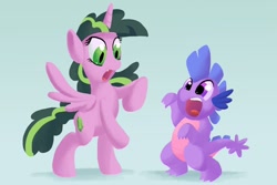 Size: 1024x683 | Tagged: safe, artist:docwario, spike (mlp), twilight sparkle (mlp), alicorn, dragon, equine, fictional species, mammal, pony, western dragon, feral, semi-anthro, friendship is magic, hasbro, my little pony, after transformation, barb (mlp), dragonified, duo, dusk shine (mlp), female, female to male, feral to semi-anthro, feralized, furrified, male, male to female, oh no, panicking, ponified, role reversal, rule 63, semi-anthro to feral, species swap, transformation, transgender transformation, what has magic done