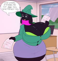 Size: 3550x3700 | Tagged: suggestive, artist:day-tripper-guy, ralsei (deltarune), bovid, goat, mammal, anthro, deltarune, black body, black fur, bra, breasts, classroom, clothes, curvy, female, fur, high res, huge breasts, hyper, hyper breasts, indoors, open mouth, paper, rule 63, scarf, sexy, solo, solo female, teacher, thick, tight clothing, underwear