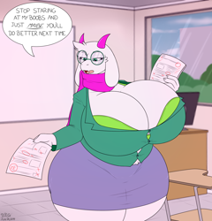 Size: 3550x3700 | Tagged: suggestive, alternate version, artist:day-tripper-guy, ralsei (deltarune), bovid, goat, mammal, anthro, deltarune, bra, breasts, classroom, clothes, curvy, female, fur, high res, huge breasts, hyper, hyper breasts, indoors, open mouth, paper, rule 63, scarf, sexy, solo, solo female, teacher, thick, tight clothing, underwear, white body, white fur