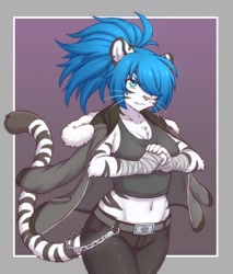 Size: 1088x1280 | Tagged: safe, artist:dobrota20, oc, oc only, big cat, feline, mammal, tiger, anthro, angry, arm wraps, bottomwear, chain, chest fluff, clothes, female, fluff, jacket, jewelry, pants, solo, solo female, tank top, teal eyes, topwear, wraps