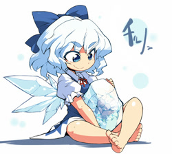 Size: 700x627 | Tagged: safe, artist:アリオ, cirno (touhou), alien, elemental creature, fairy, fictional species, ice elemental, mammal, metroid (species), feral, humanoid, metroid (series), nintendo, touhou, ambiguous gender, bottomwear, captured, clothes, crossover, dress, duo, female, frozen, ice, ice fairy, skirt