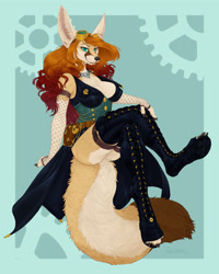 Size: 2880x3600 | Tagged: safe, artist:phathusa, canine, fennec fox, fox, mammal, anthro, belt, bottomwear, breasts, clothes, corset, female, goggles, goggles on head, high res, paw pads, paws, sitting, skirt, solo, solo female, tail, vixen