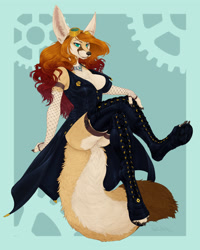 Size: 2880x3600 | Tagged: safe, artist:phathusa, canine, fennec fox, fox, mammal, anthro, breasts, cleavage, clothes, dress, female, goggles, goggles on head, high res, paw pads, paws, sitting, solo, solo female, tail, vixen