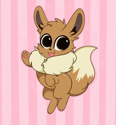 Size: 952x1024 | Tagged: safe, artist:itskittyrosie, eevee, eeveelution, fictional species, mammal, feral, nintendo, pokémon, 2020, abstract background, ambiguous gender, blushing, brown body, brown eyes, brown fur, cute, fur, heart, looking at you, open mouth, smiling, smiling at you, solo, solo ambiguous, tail