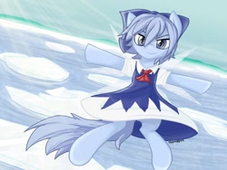Size: 1024x768 | Tagged: safe, artist:thattagen, cirno (touhou), elemental creature, equine, fairy, fairy pony, fictional species, ice elemental, mammal, pony, feral, friendship is magic, hasbro, my little pony, touhou, bottomwear, clothes, crossover, dress, female, feralized, furrified, ice, ice fairy, mare, ponified, skirt, solo, solo female, species swap, water, wings