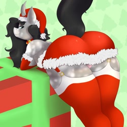 Size: 1280x1280 | Tagged: suggestive, alternate version, artist:booponies, oc, oc only, equine, fictional species, mammal, pony, unicorn, anthro, friendship is magic, hasbro, my little pony, anthrofied, bent over, black hair, black tail, breasts, butt, christmas, clothes, commission, costume, digital art, ears, eyelashes, female, fur, hair, hat, holiday, horn, legwear, looking at you, looking back, looking back at you, nudity, panties, partial nudity, pose, present, santa costume, santa hat, sideboob, smiling, solo, solo female, stockings, tail, thighs, topless, underwear, wide hips, ych result
