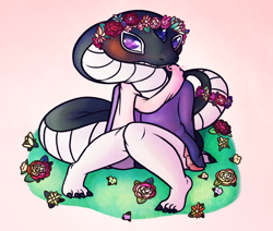 Size: 936x792 | Tagged: safe, artist:unclecucky, quetzalcoatl sassassul (a centaur's life), reptile, snake, anthro, plantigrade anthro, a centaur's life, blushing, clothes, female, flower, flower crown, forked tongue, heart, heart eyes, scarf, sitting, solo, solo female, tail, tongue, tongue out, wingding eyes