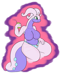 Size: 1570x2000 | Tagged: suggestive, artist:bellspurgebells, fictional species, goo creature, goodra, anthro, nintendo, pokémon, antennae, belly button, big tail, breasts, clothes, cup, drinking straw, featureless breasts, female, goo, hand on thigh, holding object, nudity, panties, partial nudity, slightly chubby, smiling, solo, solo female, tail, thick thighs, thighs, topless, underwear