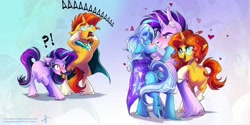 Size: 1264x632 | Tagged: safe, artist:wilvarin-liadon, starlight glimmer (mlp), sunburst (mlp), trixie (mlp), equine, fictional species, mammal, pony, unicorn, feral, friendship is magic, hasbro, my little pony, confused, female, glasses, group, half r63 shipping, harem, male, male/female, mare, meganekko, open mouth, round glasses, rule 63, screaming, self paradox, shipping, stallion, starburst (mlp), startrix (mlp), stellar gleam (mlp), sungleam (mlp), sunstone (mlp), trixgleam (mlp)