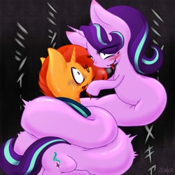 Size: 2000x2000 | Tagged: safe, artist:zemlya, starlight glimmer (mlp), sunburst (mlp), equine, fictional species, hybrid, mammal, pony, reptile, snake, snake pony, unicorn, feral, friendship is magic, hasbro, my little pony, blushing, dominant, dominant female, female, high res, japanese text, long glimmer, long pony, male, male/female, shipping, starburst (mlp), submissive, submissive male, this will end in snu snu