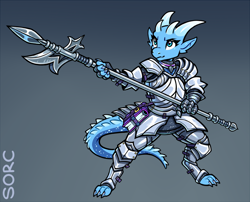 Size: 900x728 | Tagged: safe, artist:sorc, fictional species, kobold, reptile, anthro, digitigrade anthro, armor, book, female, gradient background, halberd, paladin, polearm, solo, solo female, weapon