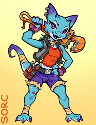 Size: 690x900 | Tagged: safe, artist:sorc, fictional species, kobold, reptile, anthro, digitigrade anthro, bottomwear, clothes, ear piercing, earring, female, gloves, gradient background, looking at you, piercing, pipewrench, screwdriver, shorts, smiling, solo, solo female, topwear, vest, wrench