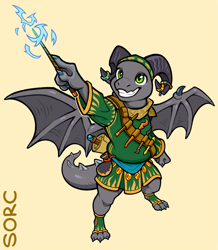 Size: 785x900 | Tagged: safe, artist:sorc, fictional species, kobold, reptile, anthro, digitigrade anthro, bat wings, clothes, horn jewelry, magic, magic wand, male, scarf, scroll, simple background, smiling, solo, solo male, tunic, webbed wings, wings, yellow background