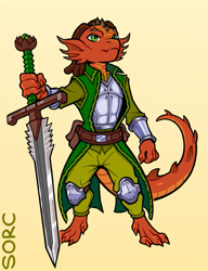 Size: 691x900 | Tagged: safe, artist:sorc, fictional species, kobold, reptile, anthro, digitigrade anthro, armor, bottomwear, bracers, clothes, gradient background, male, pants, scar, solo, solo male, sword, weapon