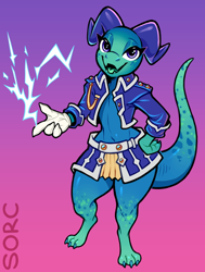 Size: 682x900 | Tagged: safe, artist:sorc, fictional species, kobold, reptile, anthro, digitigrade anthro, bottomwear, claws, clothes, cyan body, digital art, female, fullmetal alchemist, gloves, gradient background, horns, jacket, looking at you, magic, purple eyes, skirt, smiling, solo, solo female, standing, tail, topwear, uniform