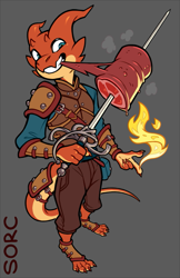 Size: 583x900 | Tagged: safe, artist:sorc, fictional species, kobold, reptile, anthro, digitigrade anthro, ambiguous gender, armor, eating, fire, food, gray background, magic, meat, rapier, rogue, simple background, solo, solo ambiguous, sword, weapon