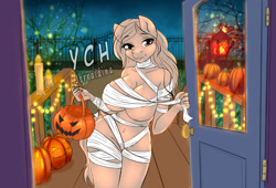 Size: 1336x909 | Tagged: suggestive, artist:jerraldina, equine, mammal, pony, anthro, 2020, candle, clothes, commission, costume, digital art, female, food, halloween, halloween costume, halloween party, holiday, mummy, night, pumpkin, solo, solo female, vegetables, ych