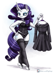Size: 1823x2500 | Tagged: suggestive, artist:king-kakapo, rarity (mlp), equine, fictional species, mammal, pony, unicorn, anthro, unguligrade anthro, friendship is magic, hasbro, my little pony, 2020, anthrofied, blue eyes, bracelet, breasts, clothes, cloven hooves, curved horn, ear piercing, eyeshadow, female, fur, hair, hand on hip, hooves, horn, jewelry, lingerarity, lingerie, makeup, patreon, patreon logo, piercing, purple hair, purple tail, simple background, smiling, socks, solo, solo female, tail, underwear, white background, white body, white fur