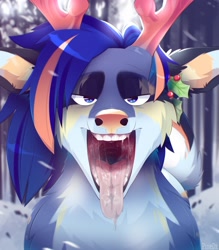 Size: 1400x1601 | Tagged: suggestive, artist:diamond leaf (aevery), artist:pinedx, cervid, deer, mammal, reindeer, ambiguous form, bust, female, holly, mawshot, open mouth, saliva, scenery, snow, solo, solo female, tongue, tongue out